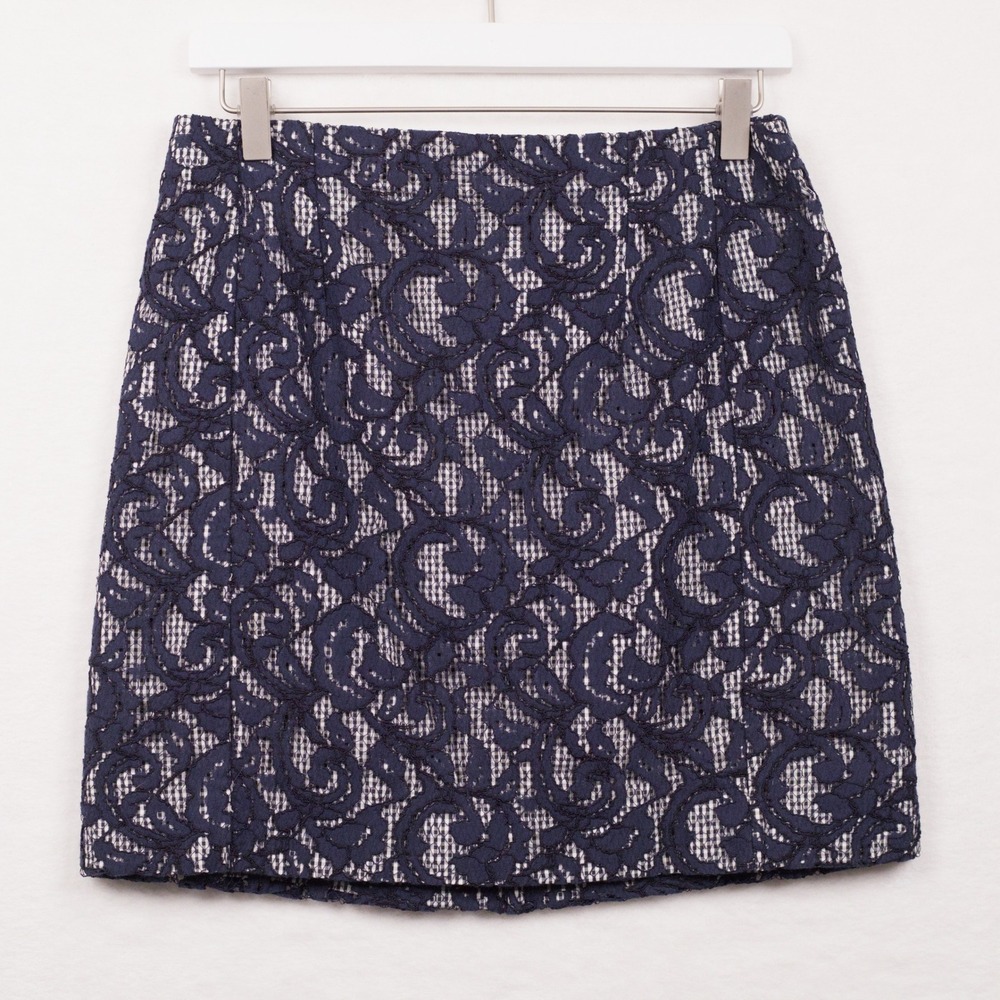 CARVEN Lace Gingham Floral Mini Skirt Career Summer Preppy Navy Blue EU 40 US 8